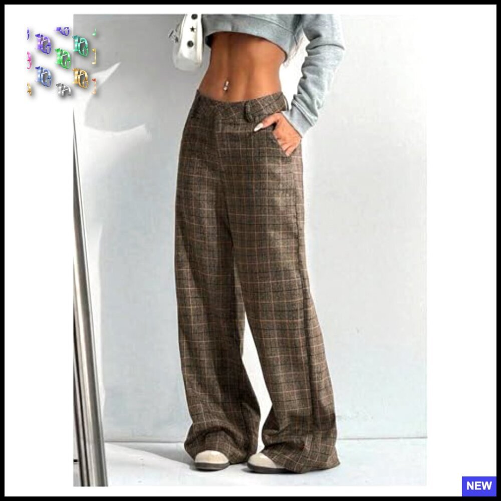Plaid Wide Leg Trousers Low Rise Casual Flannel Palazzo Pants with Pockets - Picture 4 of 5
